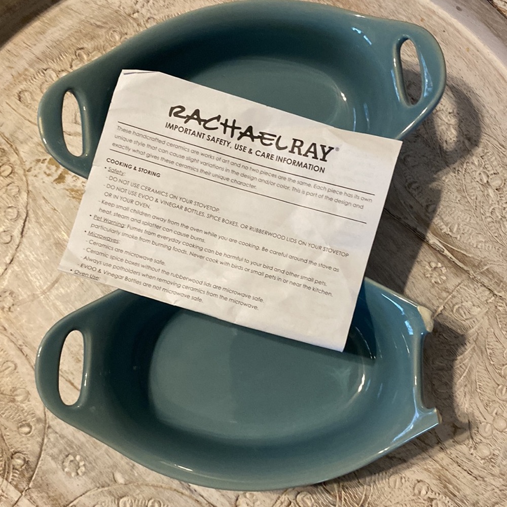 2 Rachael Ray Ceramic Au Gratin Set Oval baking casserole dish 12 Oz blue